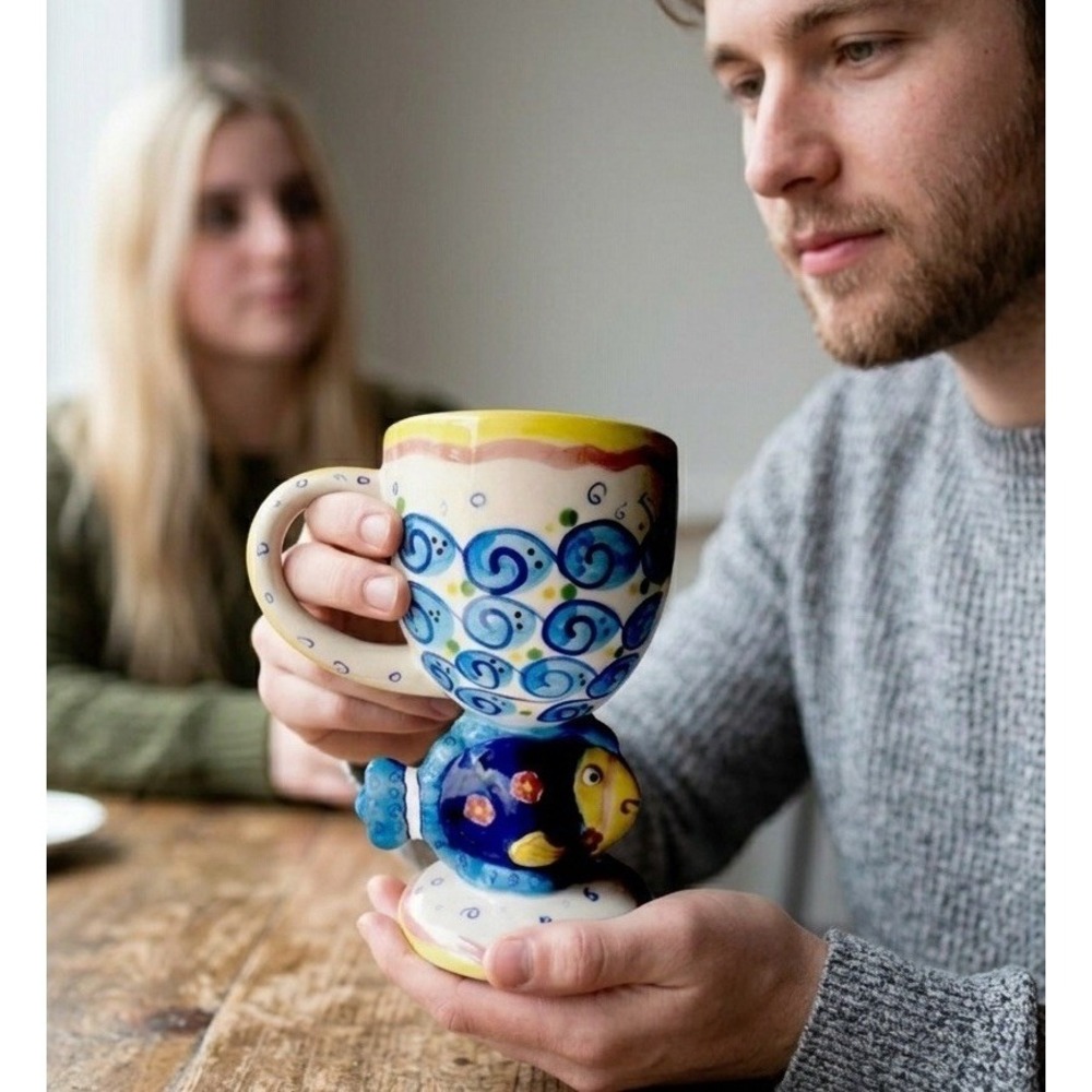 Coastal Mug Bella Casa by Ganz Floral Blue Fish Cup, Goblet Nautical Whimsical